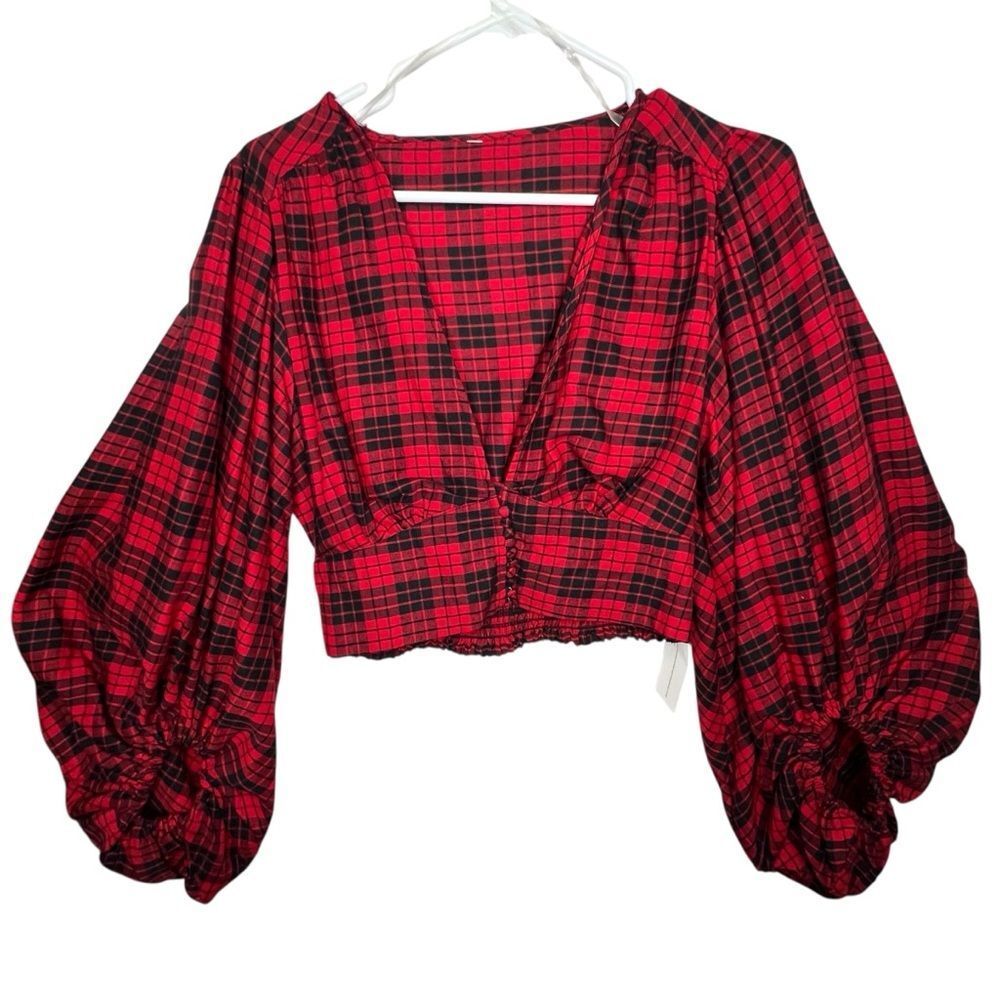 New Truth NYC Red/Black Plaid Bishop Sleeve Crop Plug V Neck Sz M Grunge